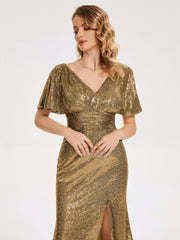 Cap Sleeves Sequins Prom Dresses