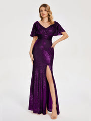 Cap Sleeves Sequins Prom Dresses