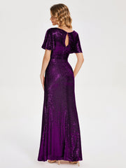 Cap Sleeves Sequins Prom Dresses