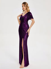 Cap Sleeves Sequins Prom Dresses