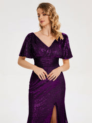 Cap Sleeves Sequins Prom Dresses