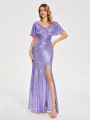Cap Sleeves Sequins Prom Dresses