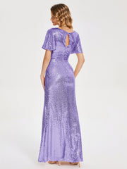 Cap Sleeves Sequins Prom Dresses