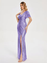Cap Sleeves Sequins Prom Dresses