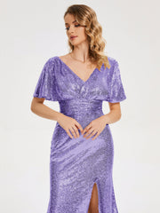 Cap Sleeves Sequins Prom Dresses