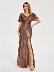 Cap Sleeves Sequins Prom Dresses