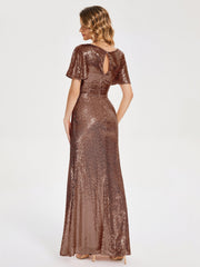 Cap Sleeves Sequins Prom Dresses
