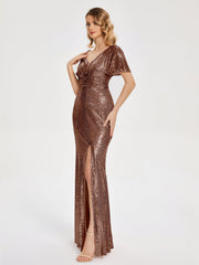 Cap Sleeves Sequins Prom Dresses