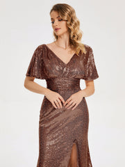 Cap Sleeves Sequins Prom Dresses