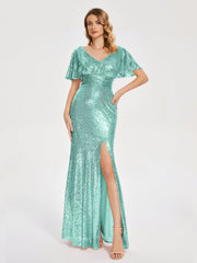 Cap Sleeves Sequins Prom Dresses