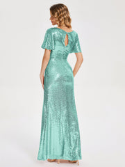 Cap Sleeves Sequins Prom Dresses