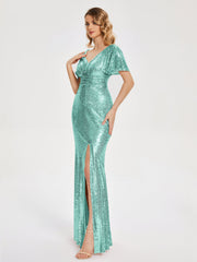 Cap Sleeves Sequins Prom Dresses