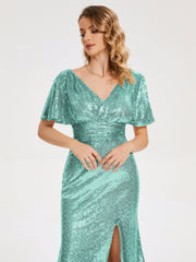 Cap Sleeves Sequins Prom Dresses