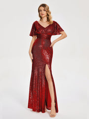 Cap Sleeves Sequins Prom Dresses