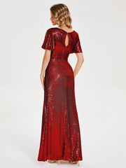 Cap Sleeves Sequins Prom Dresses