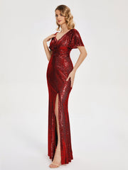 Cap Sleeves Sequins Prom Dresses