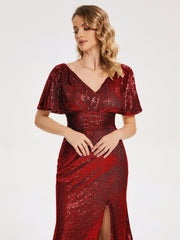 Cap Sleeves Sequins Prom Dresses