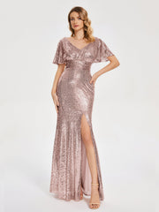 Cap Sleeves Sequins Prom Dresses