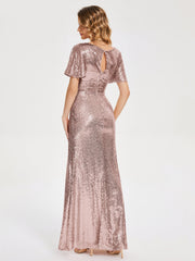 Cap Sleeves Sequins Prom Dresses