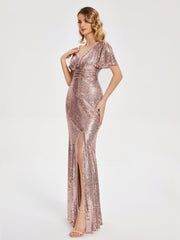 Cap Sleeves Sequins Prom Dresses