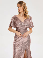 Cap Sleeves Sequins Prom Dresses