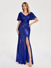 Cap Sleeves Sequins Prom Dresses