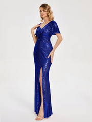 Cap Sleeves Sequins Prom Dresses