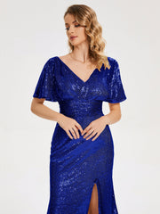 Cap Sleeves Sequins Prom Dresses
