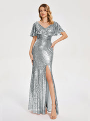 Cap Sleeves Sequins Prom Dresses