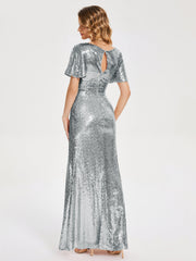 Cap Sleeves Sequins Prom Dresses