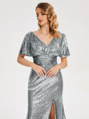Cap Sleeves Sequins Prom Dresses