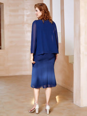 Chiffon Beaded Tea-length Dress with Jacket Navy Blue