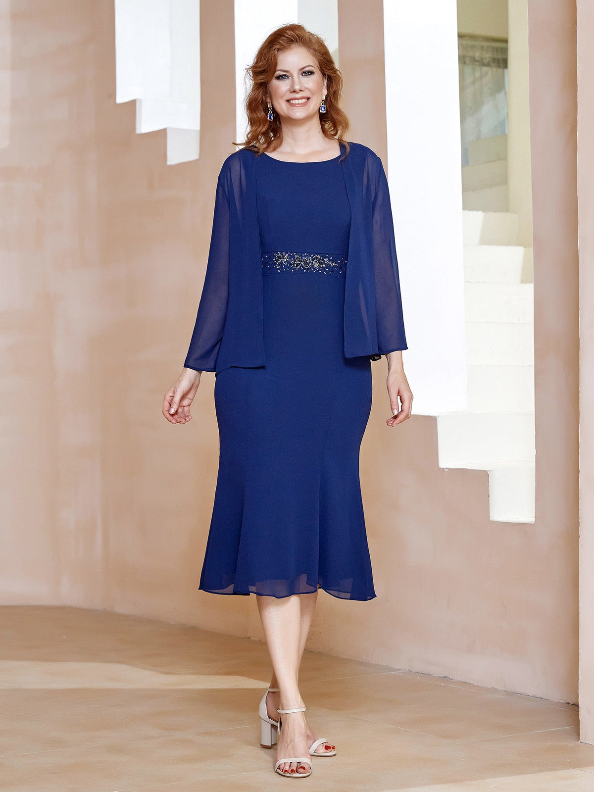 Chiffon Beaded Tea-length Dress with Jacket Navy Blue