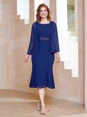 Chiffon Beaded Tea-length Dress with Jacket Navy Blue