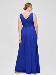 V Neckline Floor Length Chiffon Dresses Royal Blue