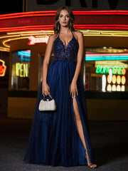A Line Beaded Bodice Tulle Dress Dark Navy