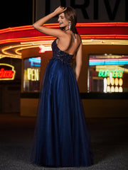 A Line Beaded Bodice Tulle Dress Dark Navy