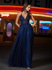 A Line Beaded Bodice Tulle Dress Dark Navy