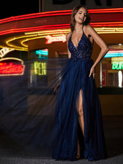 A Line Beaded Bodice Tulle Dress Dark Navy