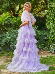 Floral Two Piece Tulle Tiered Dress with Slit Lilac