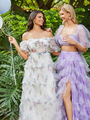 Floral Two Piece Tulle Tiered Dress with Slit Lilac