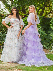 Floral Two Piece Tulle Tiered Dress with Slit Lilac