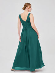 V-neck Chiffon Long Dress of Bridesmaids Peacock