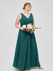 V-neck Chiffon Long Dress of Bridesmaids Peacock