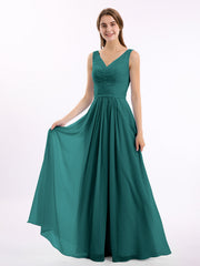 V-neck Chiffon Long Dress of Bridesmaids Peacock