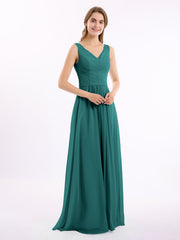 V-neck Chiffon Long Dress of Bridesmaids Peacock