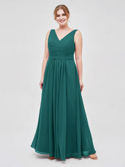 V-neck Chiffon Long Dress of Bridesmaids Peacock