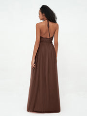 Illusion Halter Tulle Maxi Boho Dresses-Chocolate