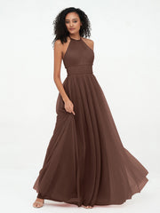 Illusion Halter Tulle Maxi Boho Dresses-Chocolate