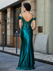 Off the Shoulder Corset Bodice Satin Gown Dark Green
